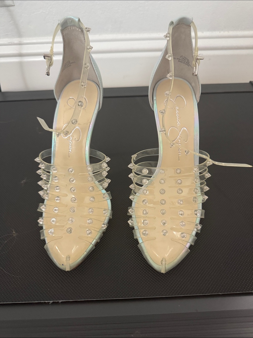 Jessica Simpson Iridescent Pointed Toe Clear Studded Heels